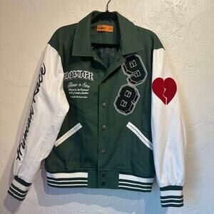 Loiter Size Medium Varsity Jacket Green White "Flaws n Sins" 98 patches